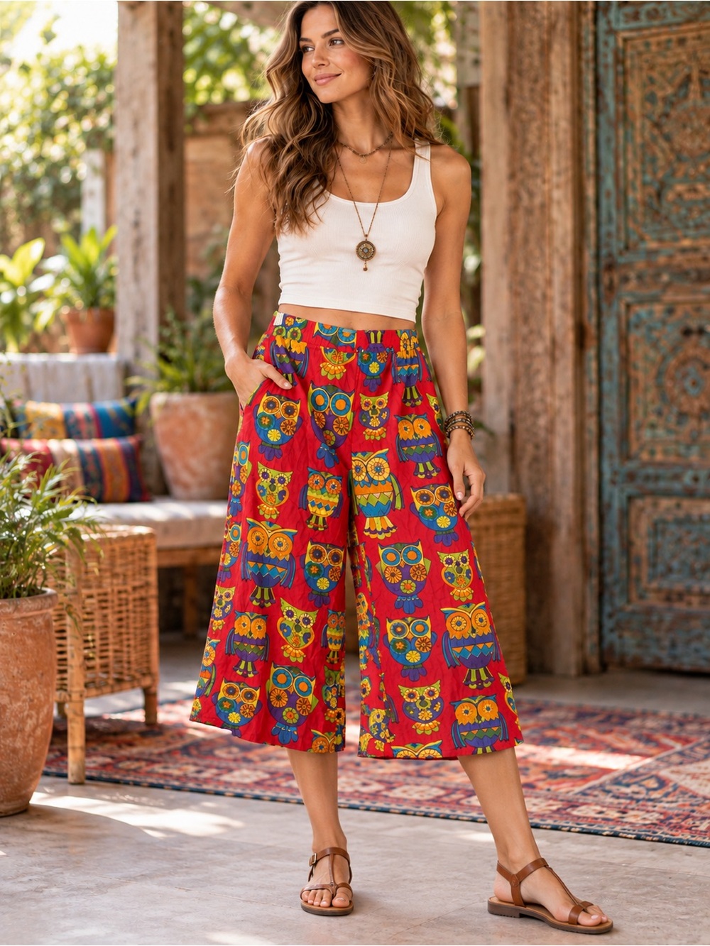 Owl print cotton pants